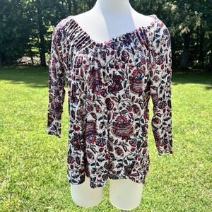 LUCKY BRAND Women Peasant Top Sz Large Blue Red Floral Long Sleeve